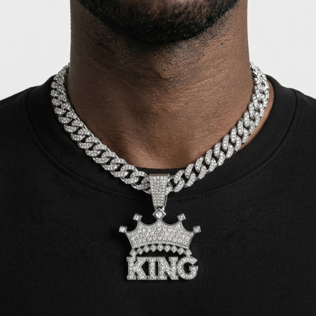 Iced Out Crown KING Pendant Necklace on Cuban Link Chain – Jeweled Crown over Block Letters | Silver or Gold