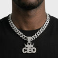 Iced Out Crowned CEO Pendant Necklace on Cuban Link Chain – Rounded Block Letters with Stone-Set Crown | Silver or Gold