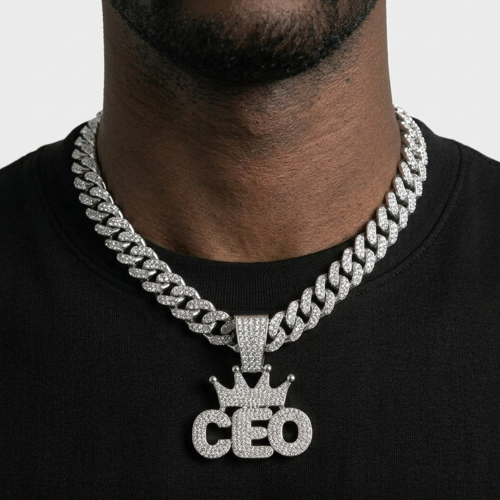 Iced Out Crowned CEO Pendant Necklace on Cuban Link Chain – Rounded Block Letters with Stone-Set Crown | Silver or Gold