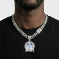Iced Out Frozen Drip Emoji Pendant Necklace on Cuban Link Chain – Grimacing Face with Blue Enamel Eyes | Gold or Silver