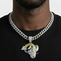 Los Angeles Rams Iced Out Pendant Necklace on Cuban Link Chain – Blue & Yellow Stone LA Ram Horn Logo | Gold or Silver