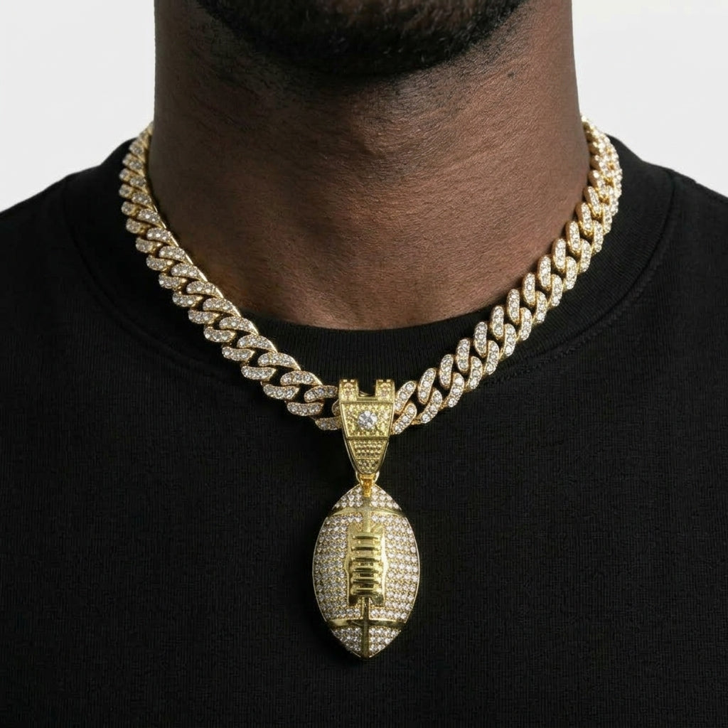 Iced Out Football Pendant Necklace on Cuban Link Chain – Stone-Set Ball with Polished Laces & Seams | Gold or Silver