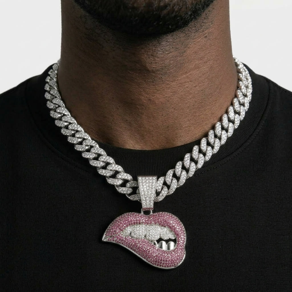 Iced Out Pink Lip Bite Pendant Necklace on Cuban Link Chain – Biting Lips with Iced Grillz | Gold or Silver
