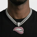 Iced Out Pink Lip Bite Pendant Necklace on Cuban Link Chain – Biting Lips with Iced Grillz | Gold or Silver