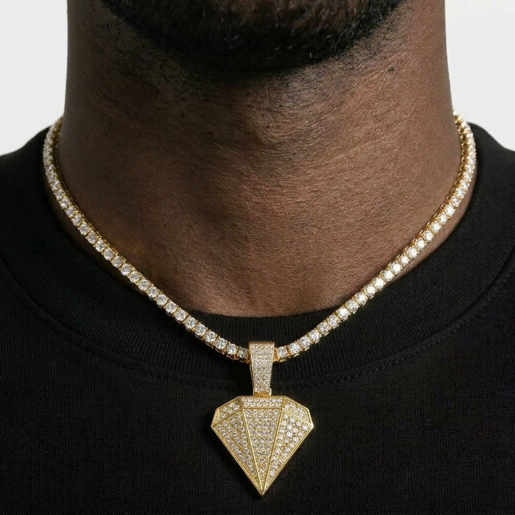 Iced Out Diamond-Shaped Pendant Necklace on Tennis Chain – Faceted Gem Design | Gold or Silver