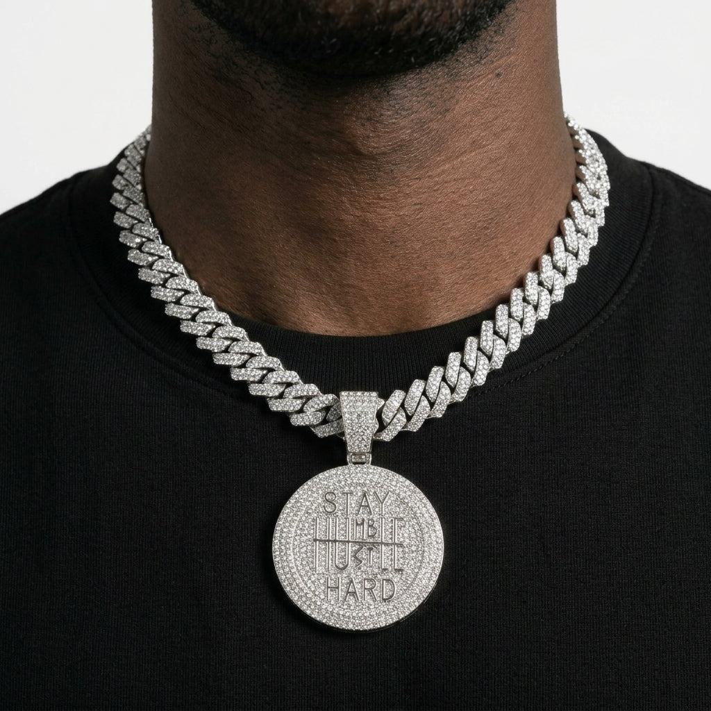 Iced Out Stay Humble Hustle Hard Medallion Pendant on Cuban Link Chain – Round Stone-Set Disc with Polished Lettering | Gold or Silver