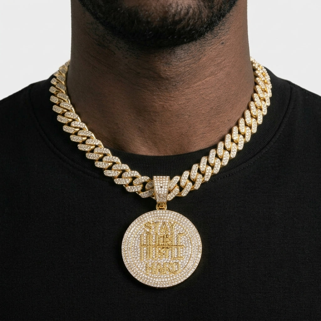 Iced Out Stay Humble Hustle Hard Medallion Pendant on Cuban Link Chain – Round Stone-Set Disc with Polished Lettering | Gold or Silver