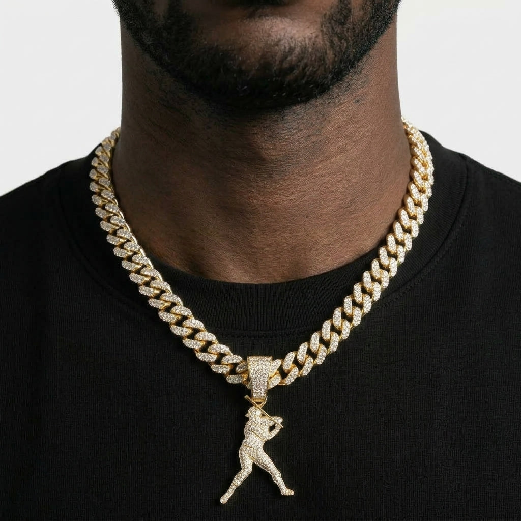Iced Out Baseball Player Pendant Necklace on Cuban Link Chain – Batter with Bat Over Shoulder | Gold or Silver