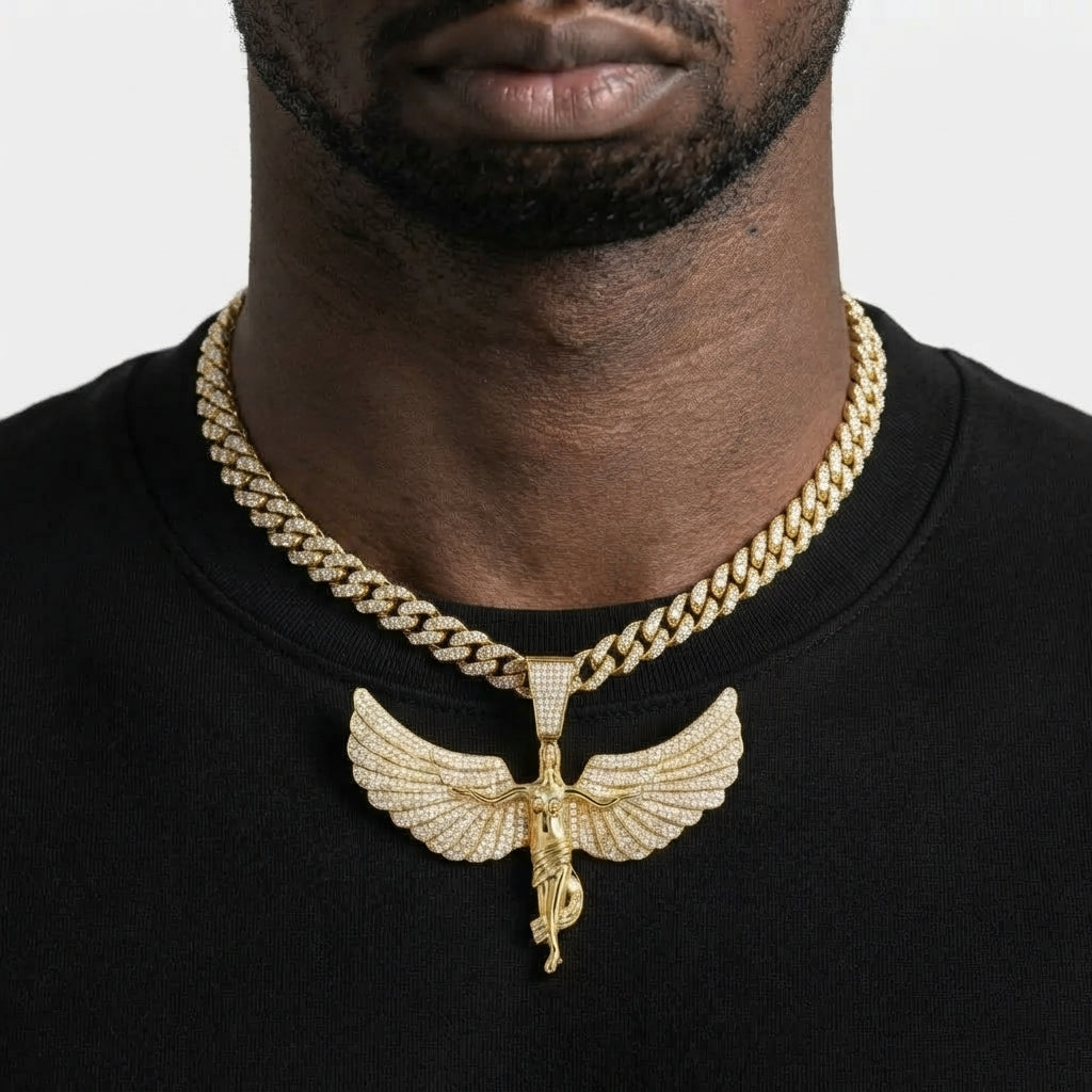 Iced Out Winged Angel Pendant Necklace on Cuban Link Chain – Polished Draped Figure with Stone-Set Wings | Gold or Silver