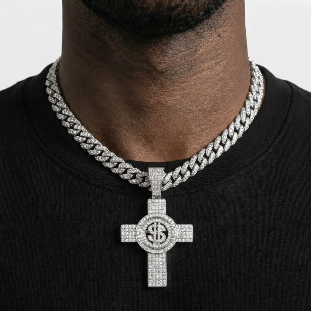 Iced Out Dollar Sign Cross Pendant Necklace on Cuban Link Chain – Fully Stone-Set with Double-Ring Center Frame | Gold or Silver