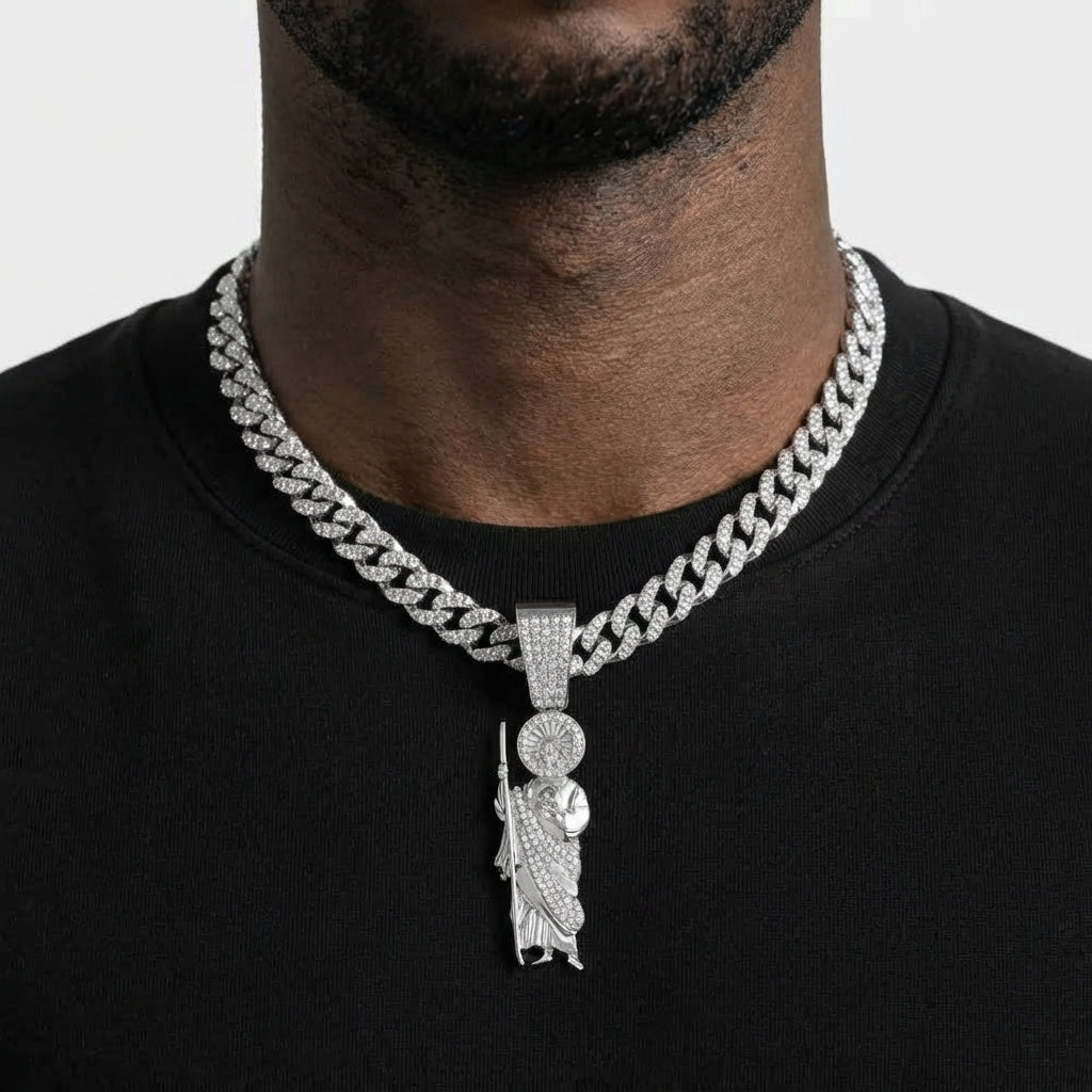 Iced Out San Judas St. Jude Pendant Necklace on Cuban Link Chain – Saint with Staff & Medallion, Religious Jewelry | Silver or Gold