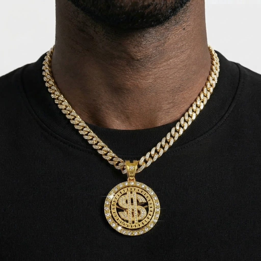 Iced Out Dollar Sign Medallion Pendant Necklace on Cuban Link Chain – Round Stone-Set Frame | Silver or Gold
