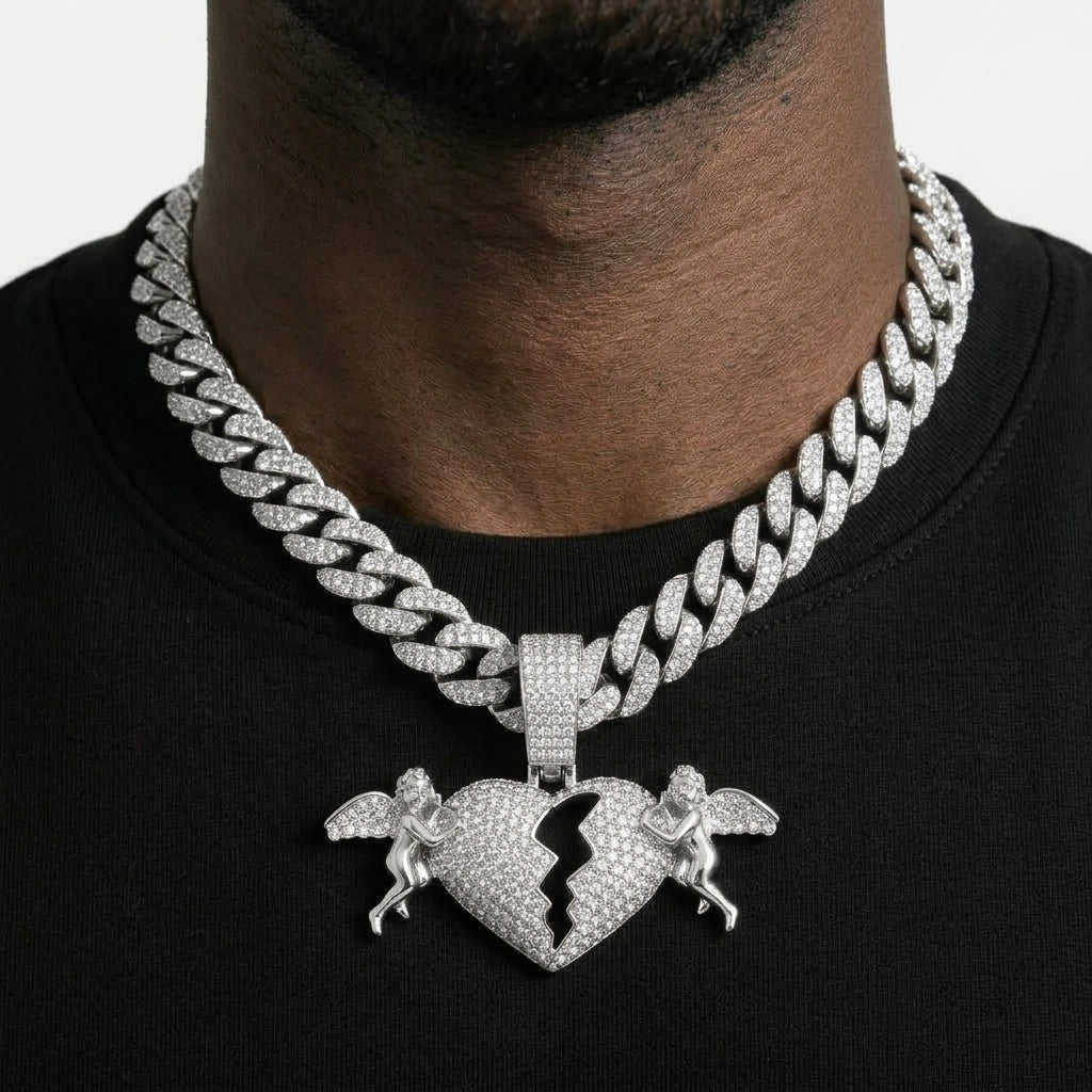 Iced Out Cherub Broken Heart Pendant Necklace on Cuban Link Chain – Polished Angels with Stone-Set Wings Holding Split Heart | Gold or Silver