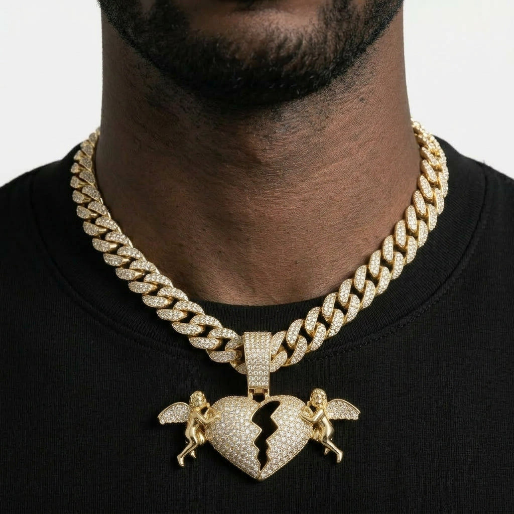 Iced Out Cherub Broken Heart Pendant Necklace on Cuban Link Chain – Polished Angels with Stone-Set Wings Holding Split Heart | Gold or Silver