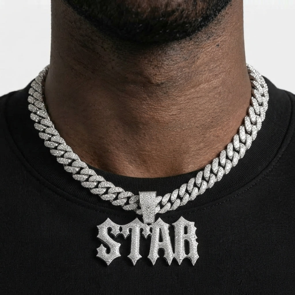 Iced Out STAR Pendant Necklace on Cuban Link Chain – Old English Gothic Letters | Gold or Silver