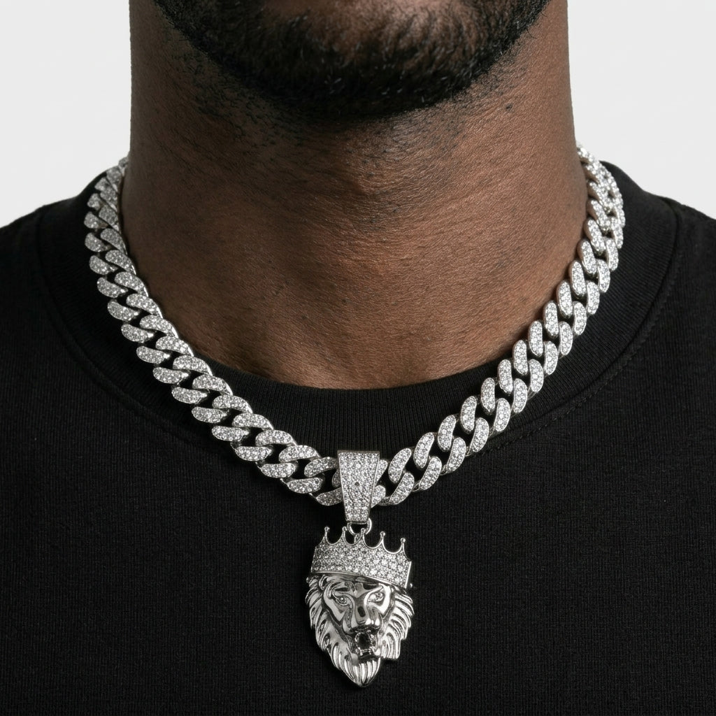 Iced Out Crowned Lion Head Pendant Necklace on Cuban Link Chain – Roaring Lion with Stone-Set Crown | Silver or Gold