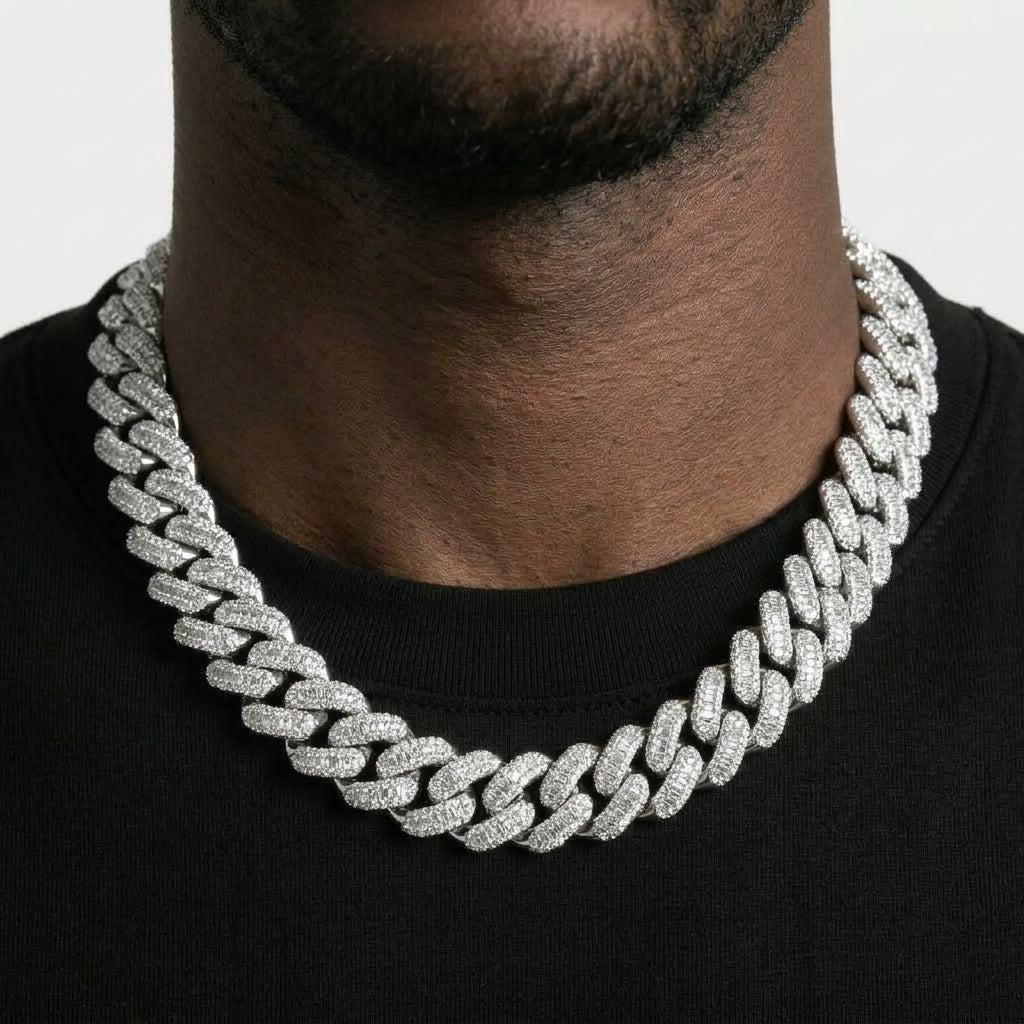 Iced Out Baguette Cuban Link Chain Necklace – Baguette-Stone Links with Pavé Borders & Box Clasp | Gold, Silver & Mixed-Metal Options