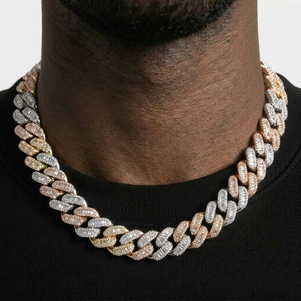 Iced Out Baguette Cuban Link Chain Necklace – Baguette-Stone Links with Pavé Borders & Box Clasp | Gold, Silver & Mixed-Metal Options