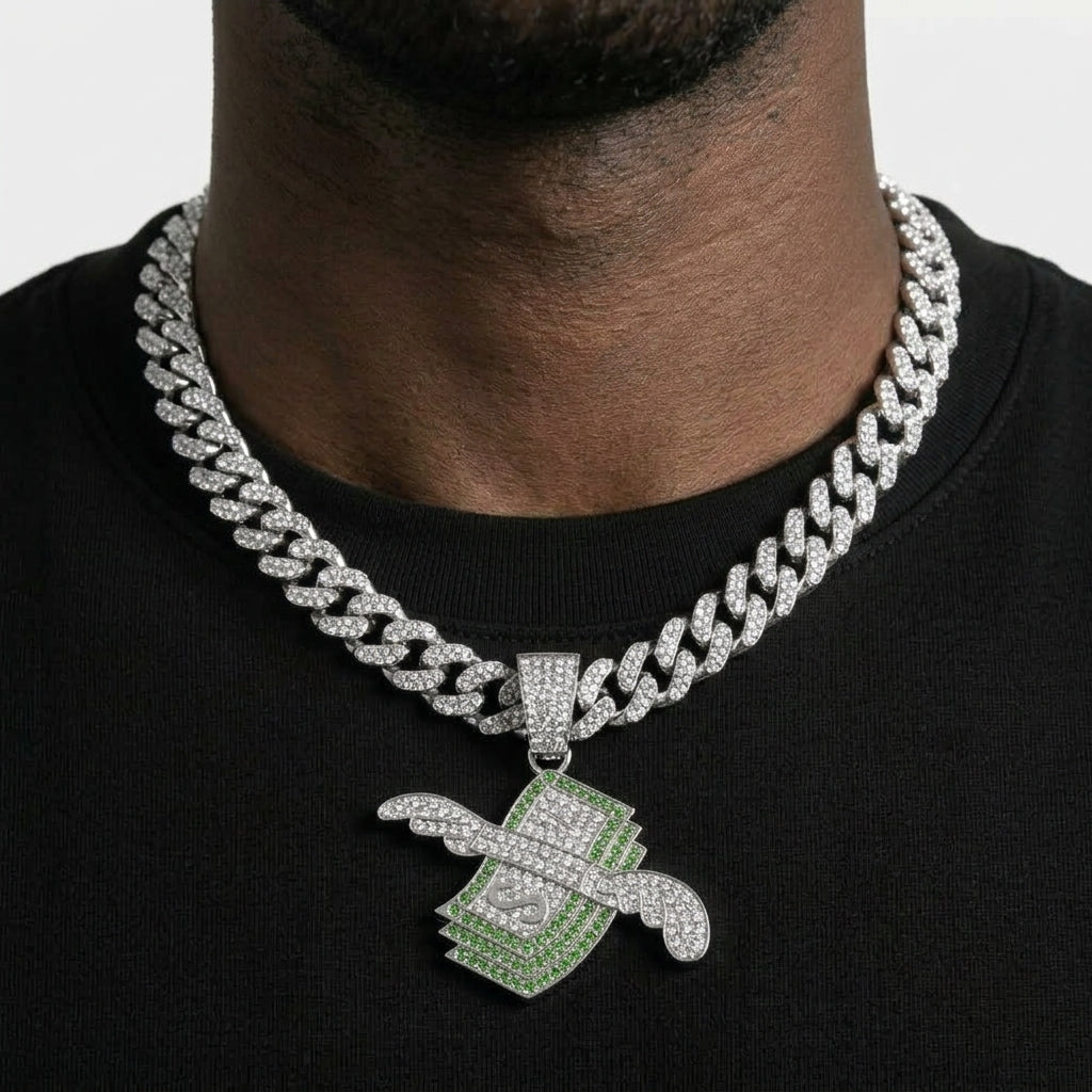 Iced Out Flying Money Pendant Necklace on Cuban Link Chain – Winged Cash Stack with Green Stones | Silver or Gold