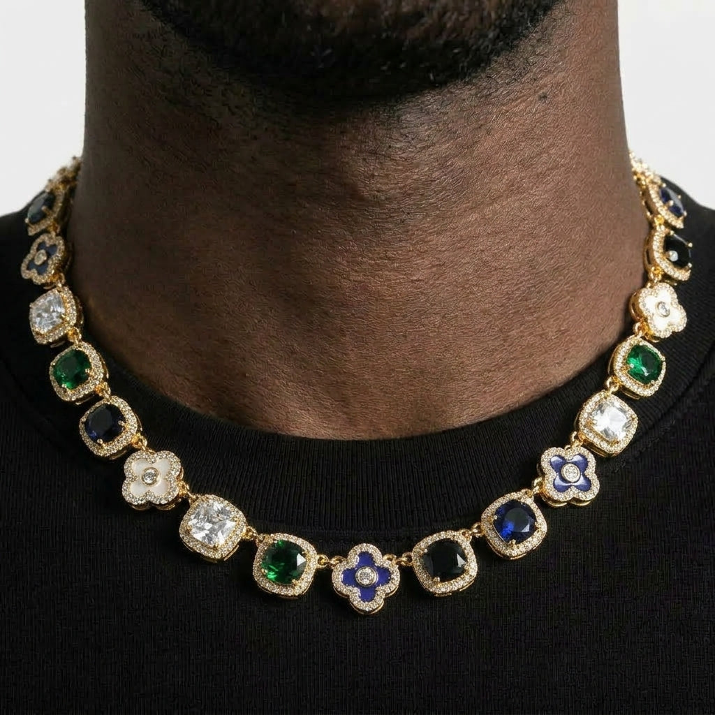 Iced Out Clover Station Link Chain Necklace – Inlaid Clovers Alternating with Halo-Set Colored Stones | Gold or Silver