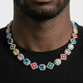 Iced Out Clover Station Link Chain Necklace – Inlaid Clovers Alternating with Halo-Set Colored Stones | Gold or Silver