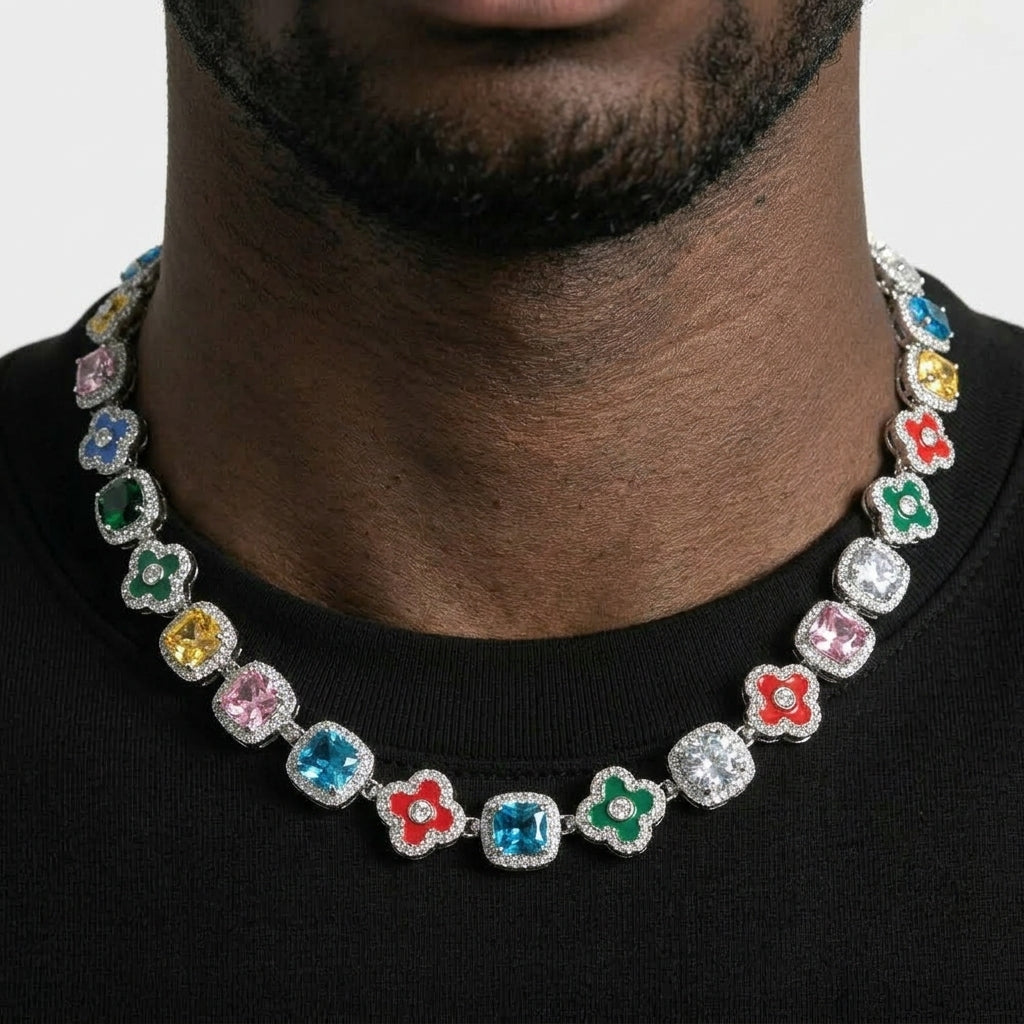 Iced Out Clover Station Link Chain Necklace – Inlaid Clovers Alternating with Halo-Set Colored Stones | Gold or Silver