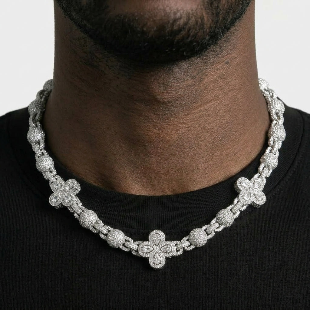 Iced Out Clover Flower Link Chain Necklace – Pear-Stone Clovers with Stone-Set Ball Links | Gold, Silver or Silver/Multicolor