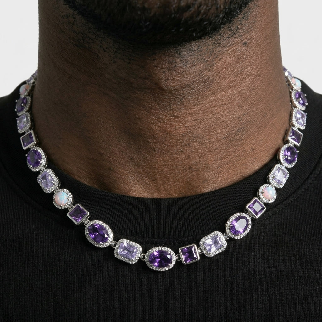 Iced Out Mixed-Cut Colored Stone Link Chain Necklace – Halo-Set Oval, Square & Rectangle Stones | Gold/Blue or Silver/Purple