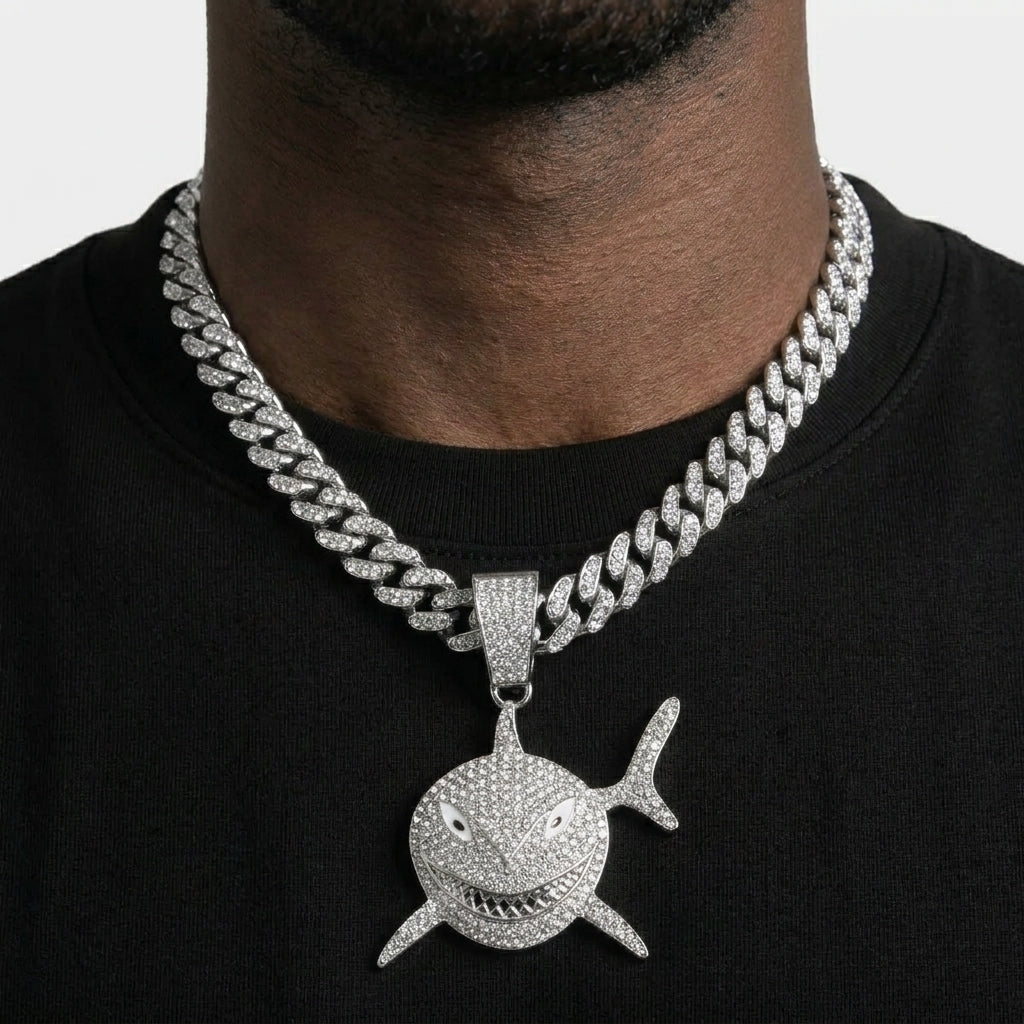 Iced Out Shark Pendant Necklace on Cuban Link Chain – Grinning Shark with Enamel Eyes & Stone-Set Fins | Silver or Gold