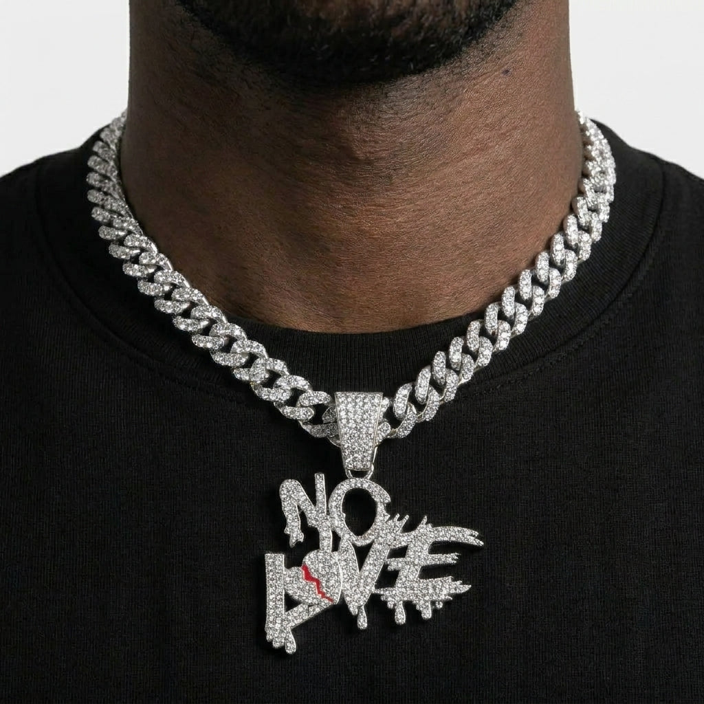 Iced Out NO LOVE Pendant Necklace on Cuban Link Chain – Dripping Letters & Broken Heart with Red Enamel Crack | Silver or Gold
