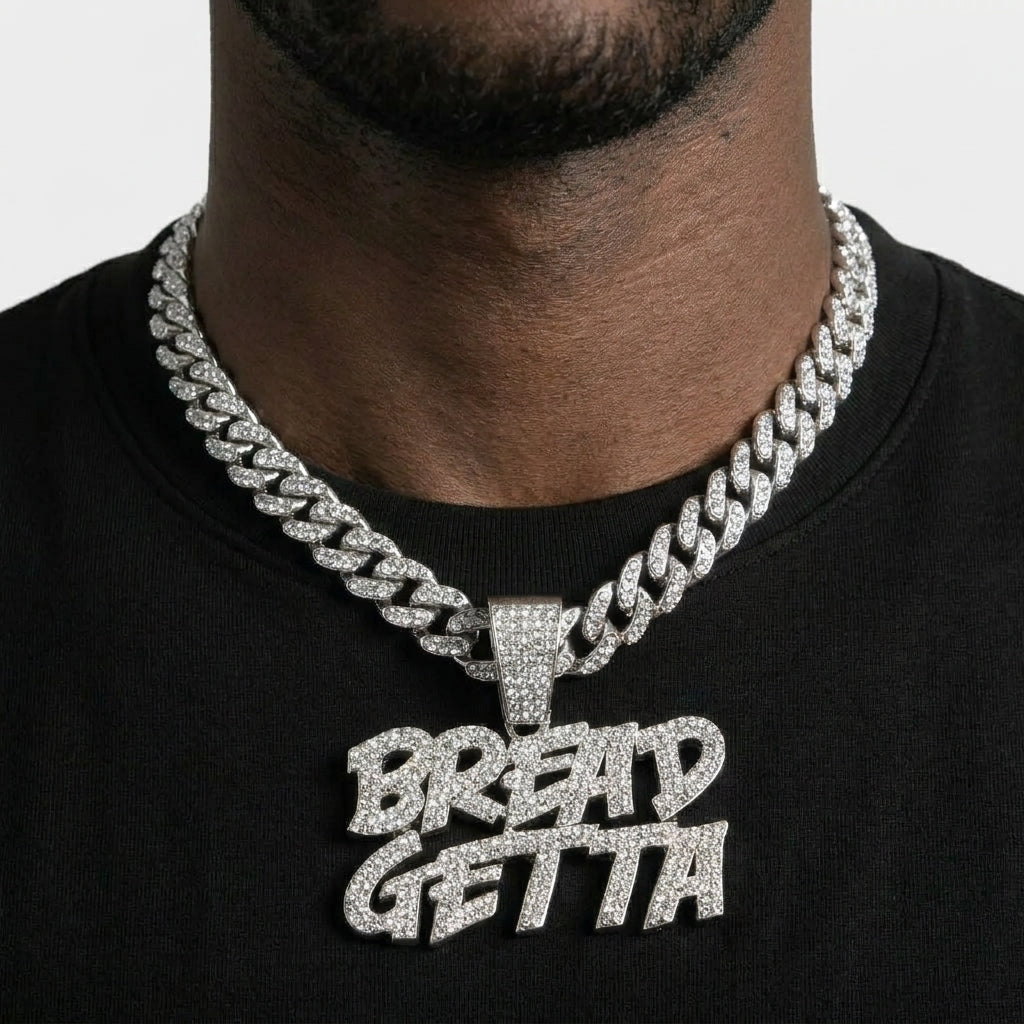 Iced Out BREAD GETTA Pendant Necklace on Cuban Link Chain – Stacked Graffiti-Style Letters | Silver or Gold