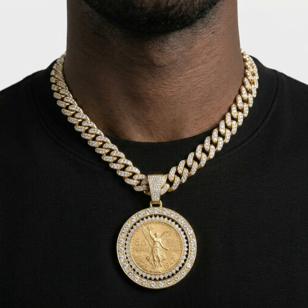 Iced Out Centenario 50 Pesos Coin Pendant Necklace on Cuban Link Chain – Replica Coin in Stone-Set Bezel | Gold or Silver