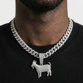 Iced Out Goat Pendant Necklace on Cuban Link Chain – Fully Stone-Set Standing Goat with Red Eye, Horns & Beard | Gold or Silver