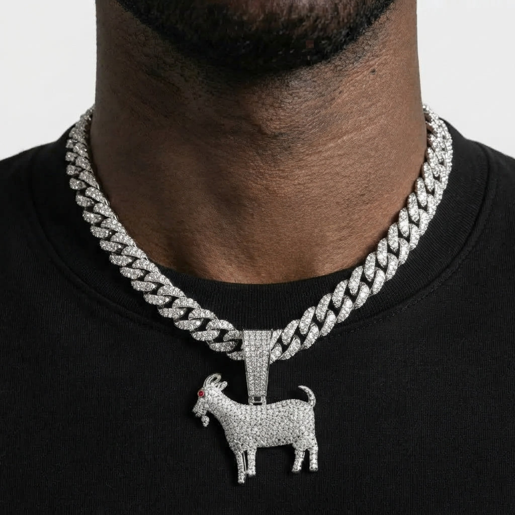Iced Out Goat Pendant Necklace on Cuban Link Chain – Fully Stone-Set Standing Goat with Red Eye, Horns & Beard | Gold or Silver