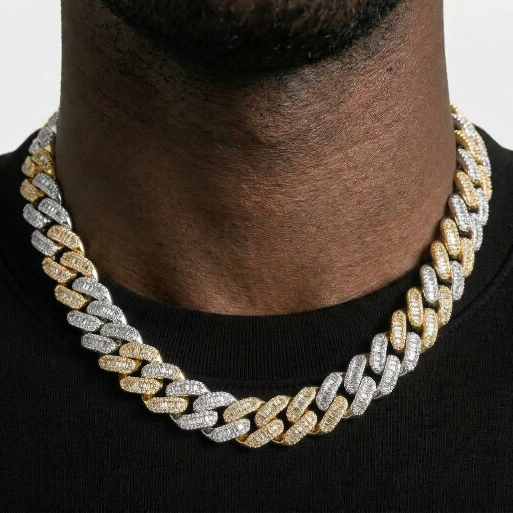 Iced Out Baguette Cuban Link Chain Necklace – Baguette-Stone Links with Pavé Borders & Box Clasp | Gold, Silver & Mixed-Metal Options