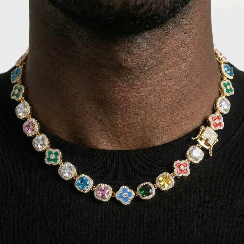 Iced Out Clover Station Link Chain Necklace – Inlaid Clovers Alternating with Halo-Set Colored Stones | Gold or Silver