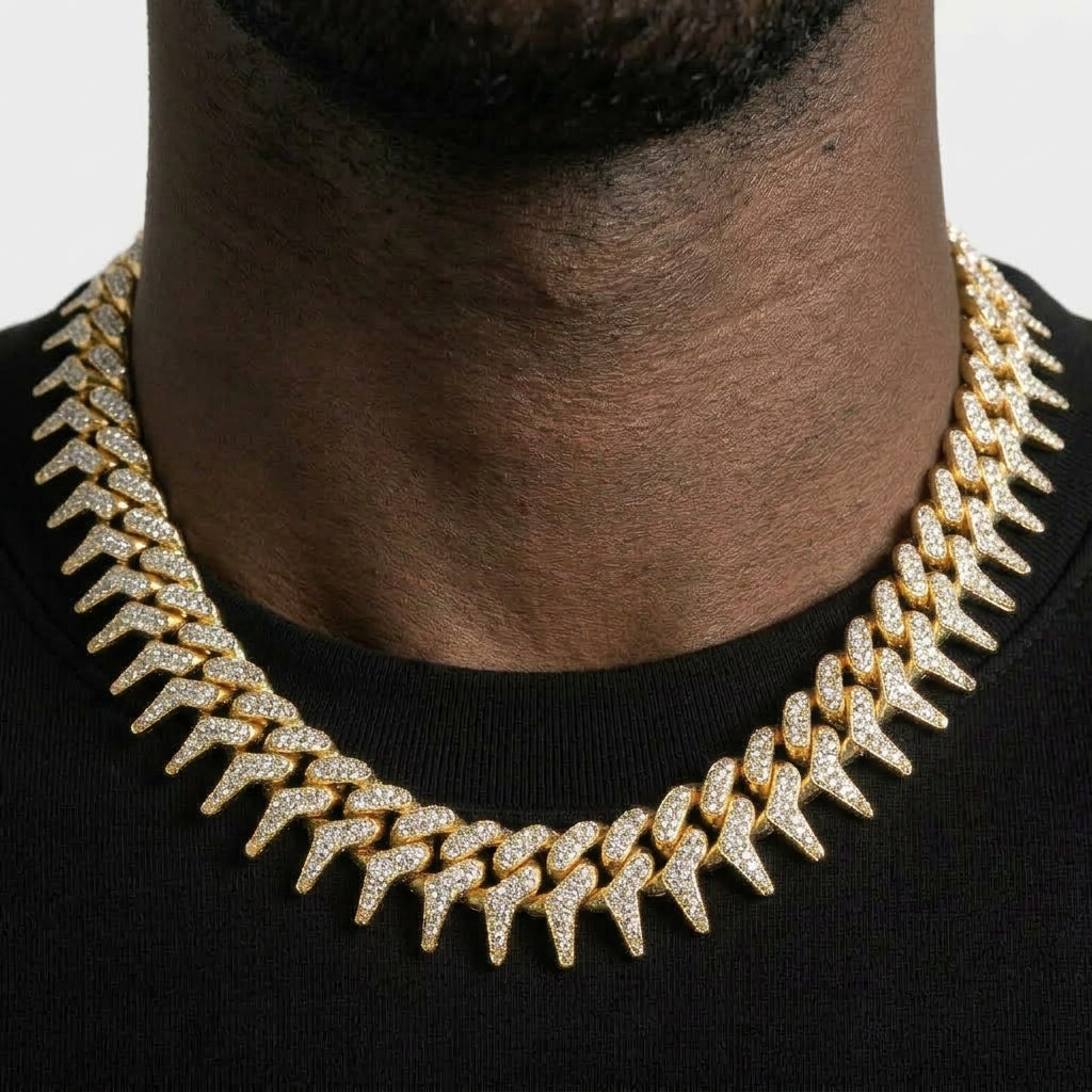 Iced Out Spiked Cuban Link Chain Necklace – Pointed Spike Links, Fully Stone-Set | Gold or Silver