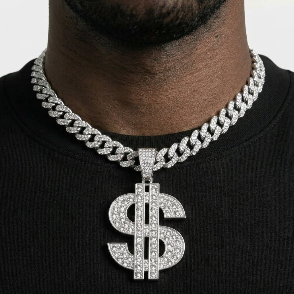 Iced Out Dollar Sign Pendant Necklace on Cuban Link Chain – Double-Bar Money Sign Design | Gold or Silver