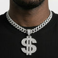 Iced Out Dollar Sign Pendant Necklace on Cuban Link Chain – Double-Bar Money Sign Design | Gold or Silver