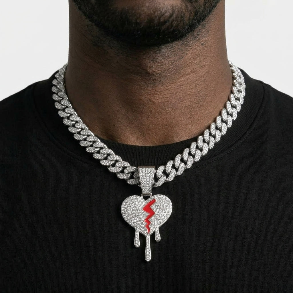 Iced Out Dripping Broken Heart Pendant Necklace on Cuban Link Chain – Red Enamel Crack | Gold or Silver