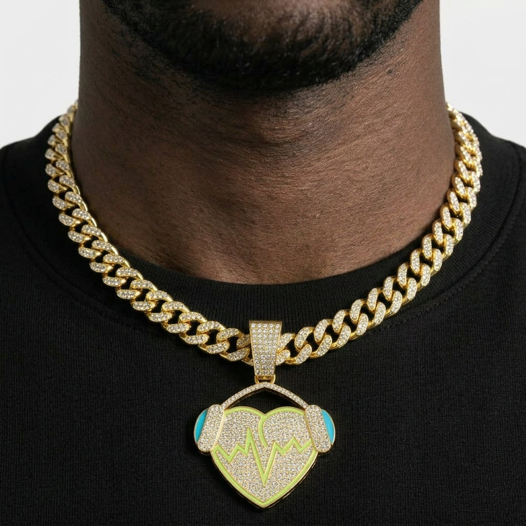 Iced Out Heart with Headphones Pendant Necklace on Cuban Link Chain – Green Enamel Heartbeat Line | Silver or Gold