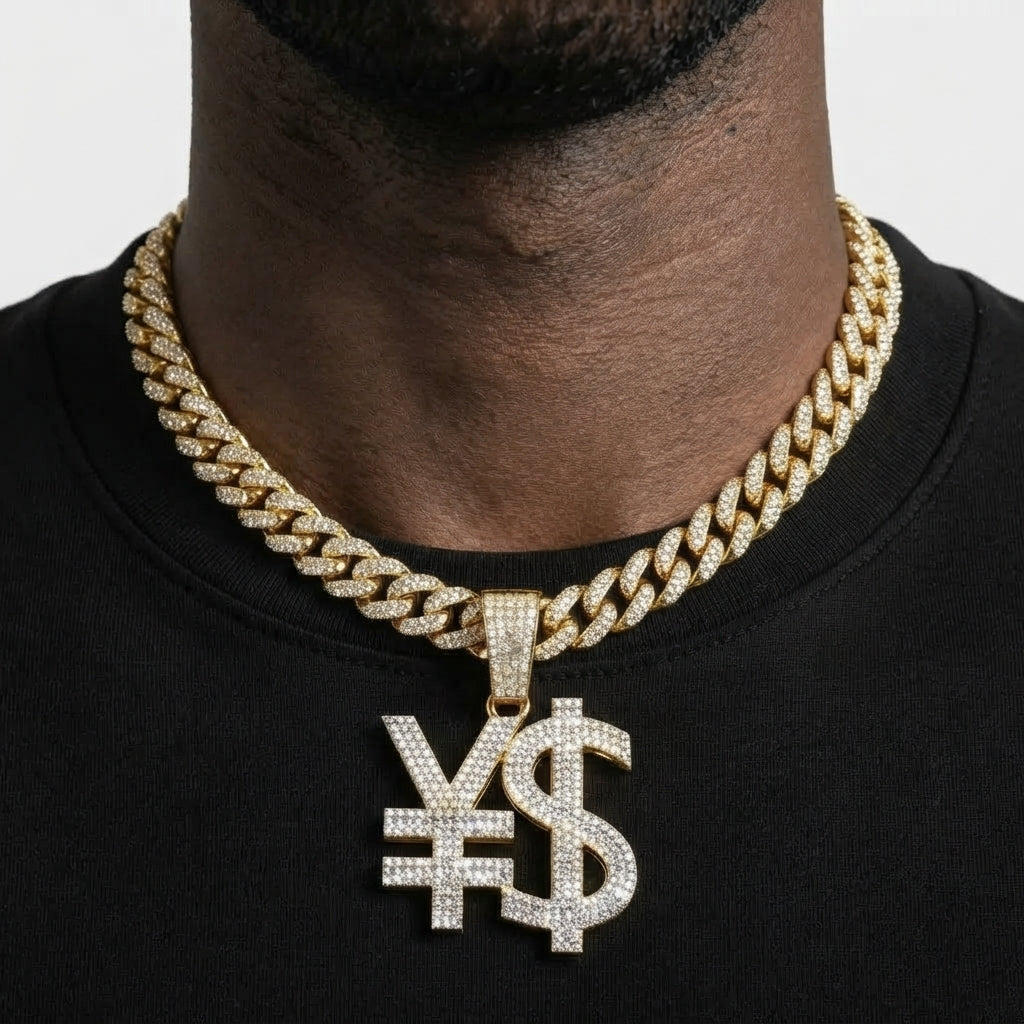 Iced Out Yen & Dollar Sign Pendant Necklace on Cuban Link Chain – Joined Currency Symbols, Fully Stone-Set | Gold or Silver