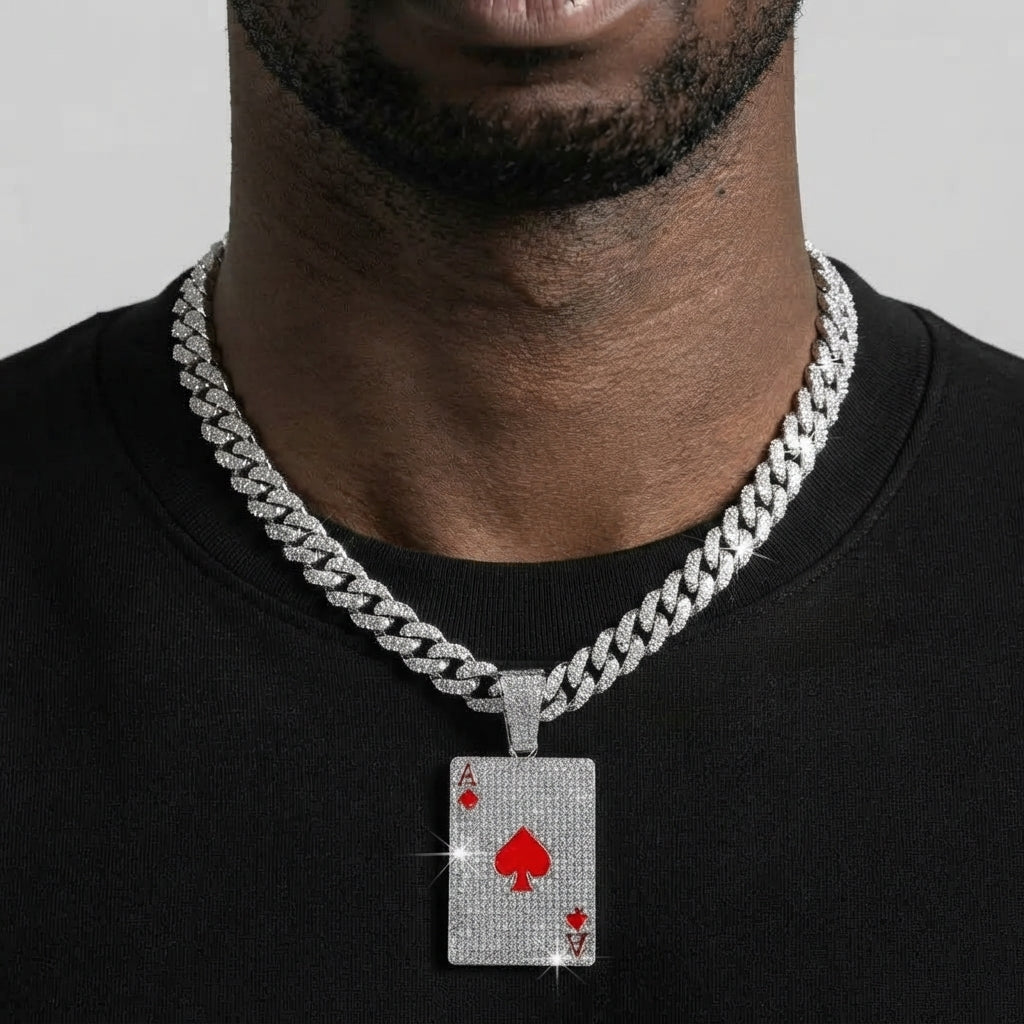 Iced Out Ace of Spades Playing Card Pendant Necklace on Cuban Link Chain – Red Enamel Spade | Silver or Gold