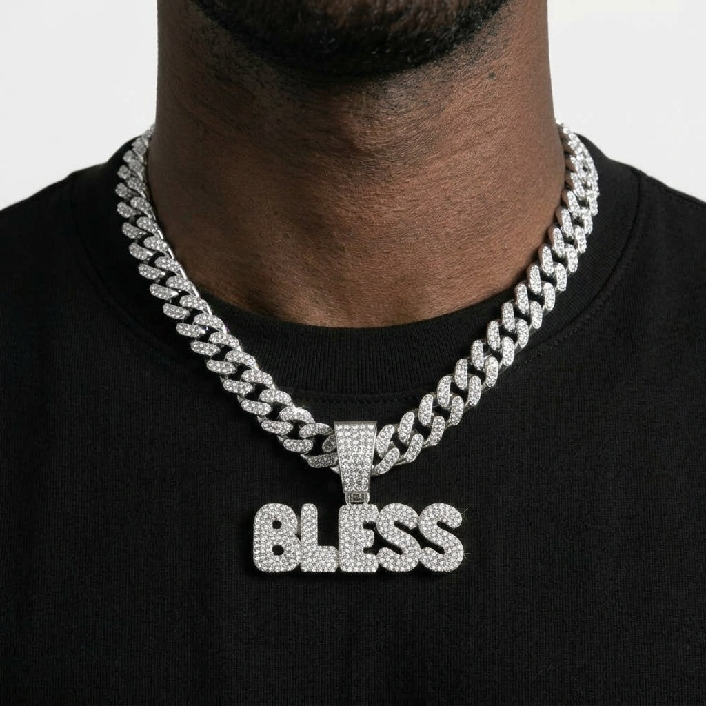 Iced Out BLESS Pendant Necklace on Cuban Link Chain – Bold Bubble Letters | Gold or Silver