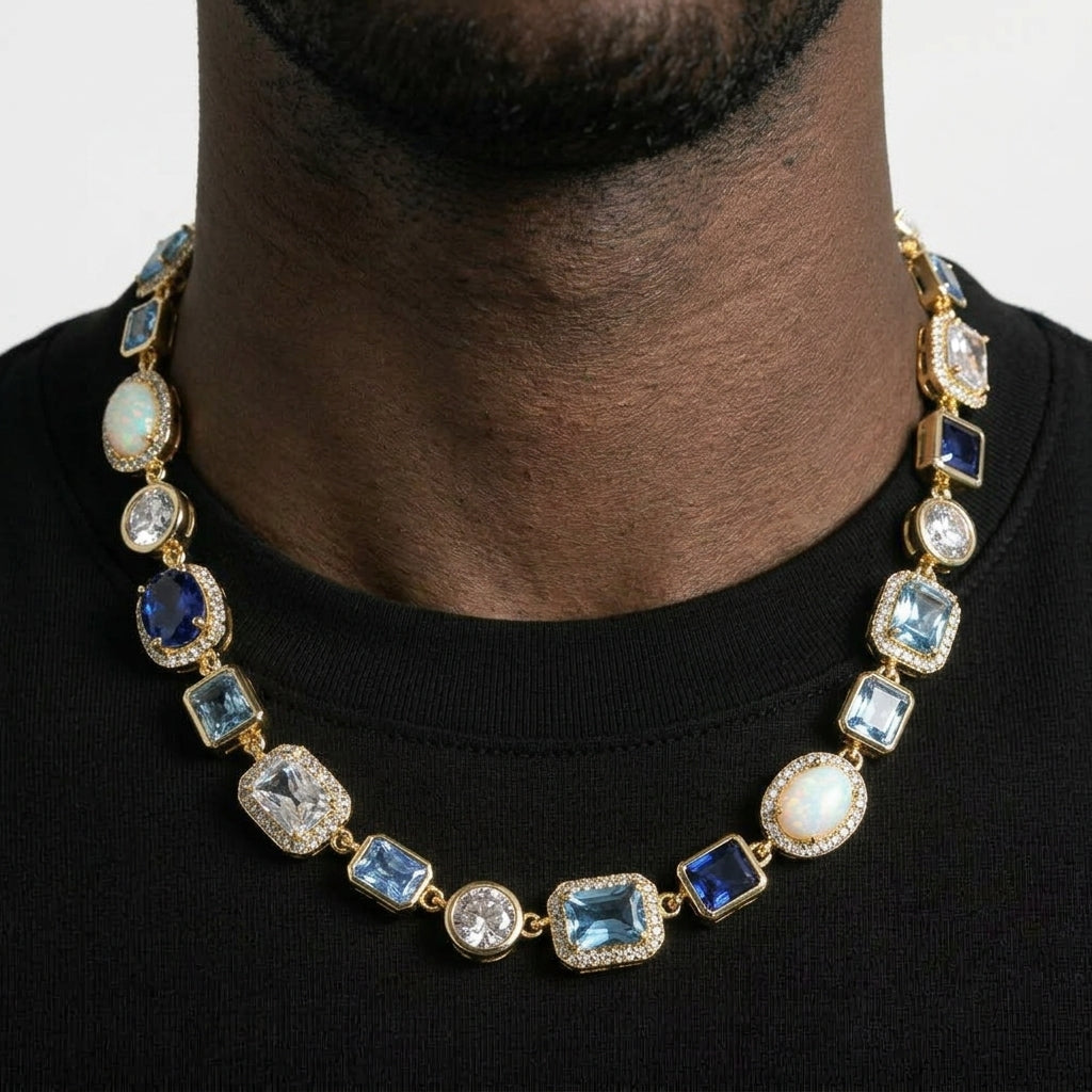 Iced Out Mixed-Cut Colored Stone Link Chain Necklace – Halo-Set Oval, Square & Rectangle Stones | Gold/Blue or Silver/Purple