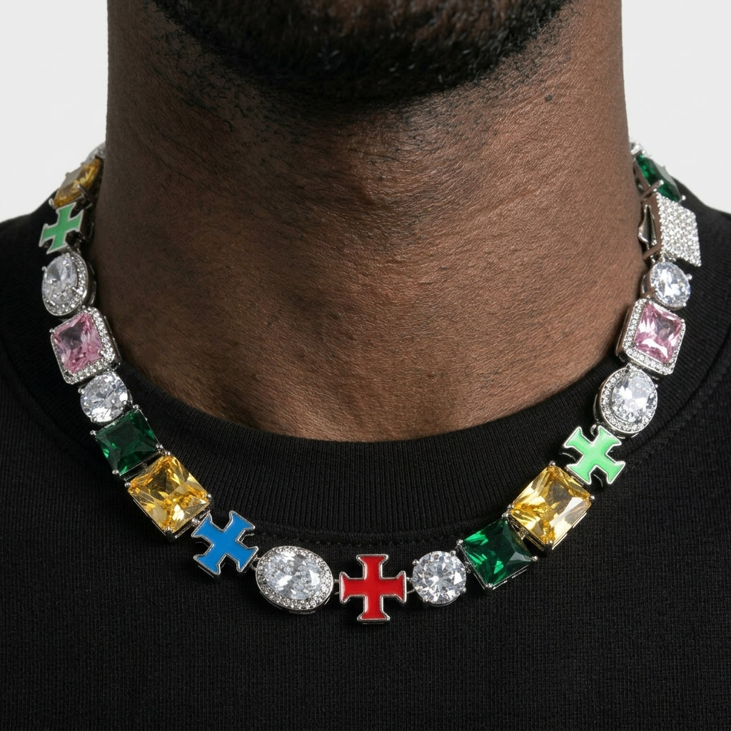 Iced Out Multicolor Stone Link Chain Necklace – Square-Cut Colored Stones, Oval Halo Stones & Enamel Cross Links | Silver