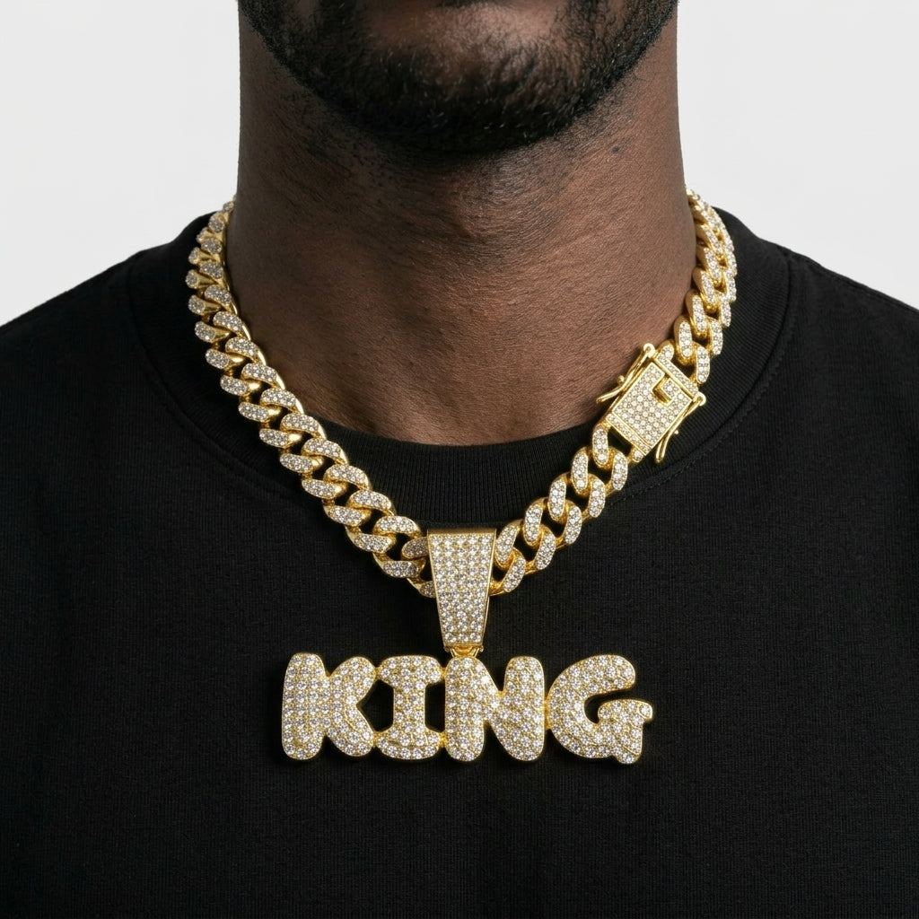 Iced Out KING Pendant Cuban Link Chain – Bubble Letter Necklace with Stone-Set Box Clasp | Silver or Gold