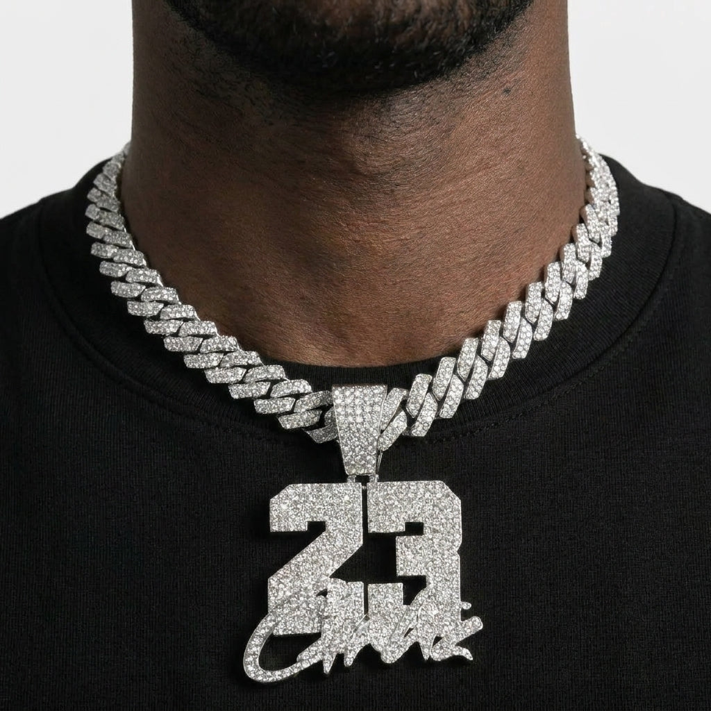 Iced Out Number 23 Pendant Necklace on Cuban Link Chain – Block Numerals with Script Lettering | Silver or Gold