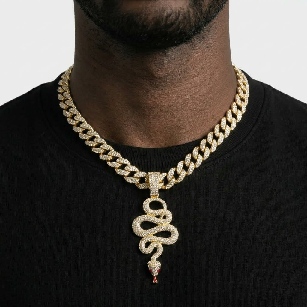 Iced Out Snake Pendant Necklace on Cuban Link Chain – Coiled Serpent with Red Eyes & Tongue | Gold or Silver