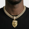 Iced Out Crowned Lion Head Pendant Necklace on Cuban Link Chain – Roaring Lion with Stone-Set Crown | Silver or Gold